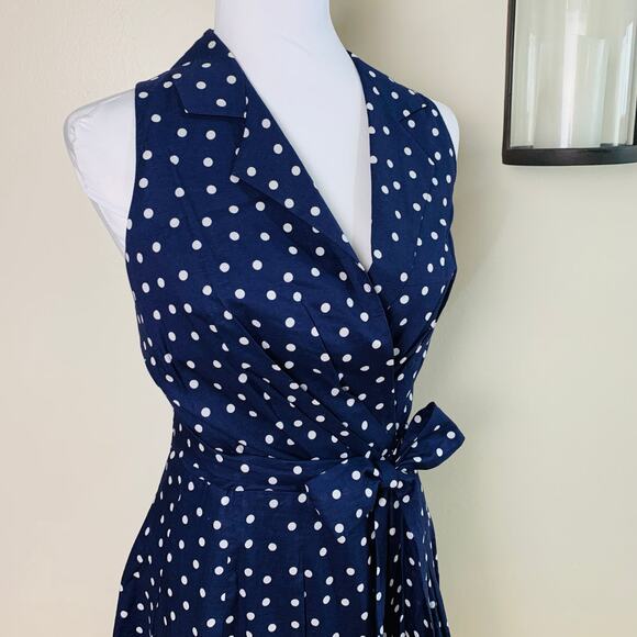 Evan Picone Size 14 Women's Polka Dot Wrap Fit & Flare Navy Blue White Retro - Picture 7 of 11
